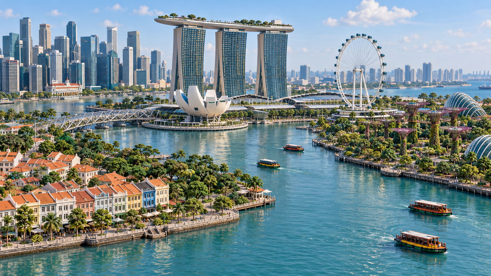 A detailed miniature Singapore waterfront, with Marina Bay Sands, the ArtScience Museum, the Flyer, Supertrees, shophouses and tiny boats.